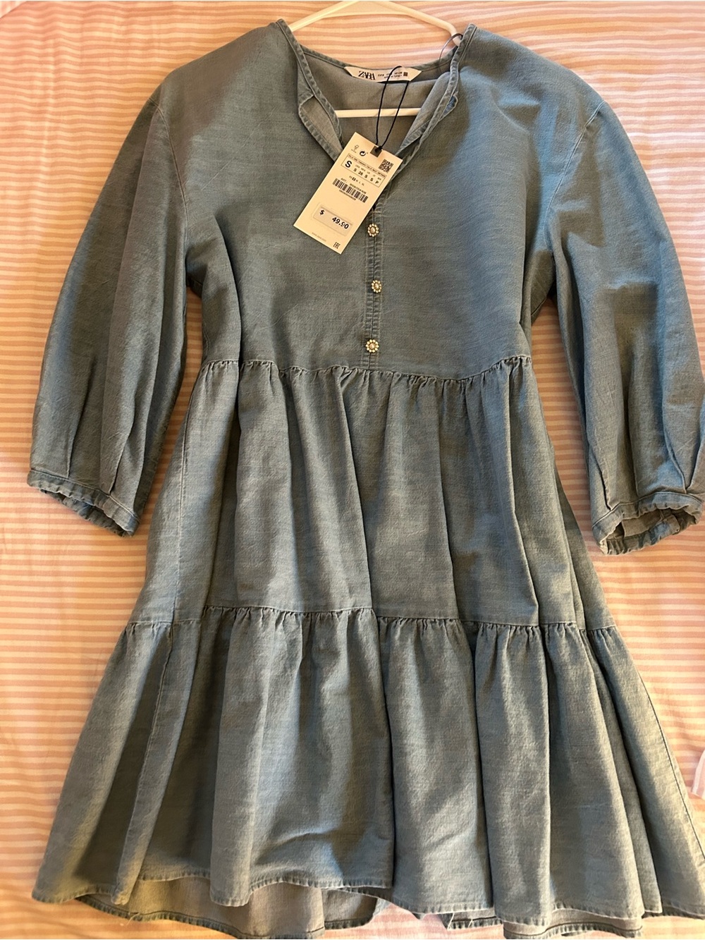Zara women denim Tiered Dress with Buttons